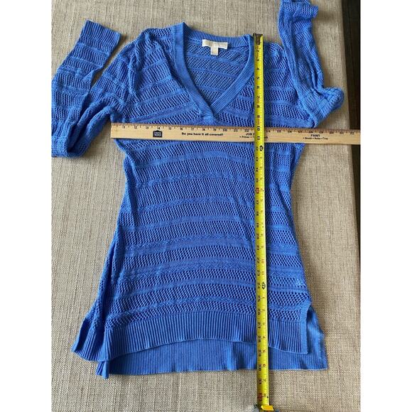 MICHAEL KORS Sweater Womens V-Neck Sheer Long Sleeve Hi-Low Cotton Blend Blue M - Picture 4 of 6